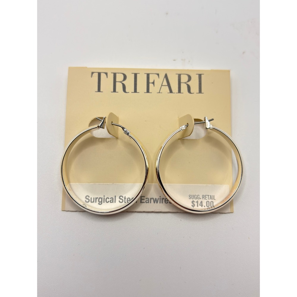 Trifari Silver Tone‎ Hoop Earrings Surgical Steel Earwires New on Card